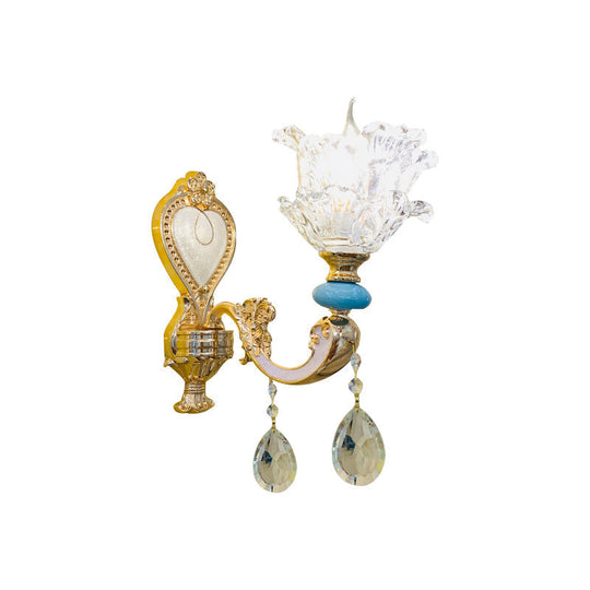 Traditional Layered Flower Wall Light Kit - Gold-Blue, Clear Crystal, 1/2-Head Wall Lighting