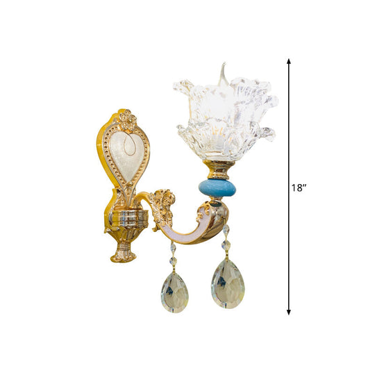 Traditional Layered Flower Wall Light Kit - Gold-Blue, Clear Crystal, 1/2-Head Wall Lighting