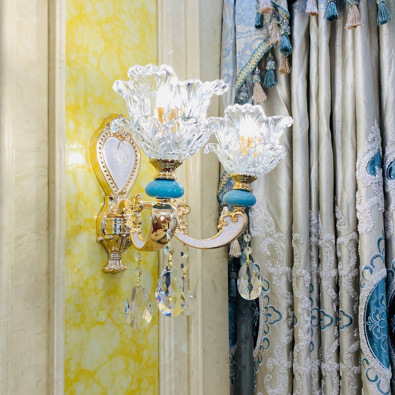 Traditional Layered Flower Wall Light Kit - Gold-Blue, Clear Crystal, 1/2-Head Wall Lighting