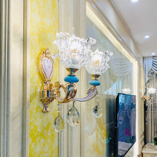 Traditional Layered Flower Wall Light Kit - Gold-Blue, Clear Crystal, 1/2-Head Wall Lighting