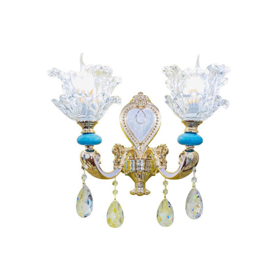 Traditional Layered Flower Wall Light Kit - Gold-Blue, Clear Crystal, 1/2-Head Wall Lighting