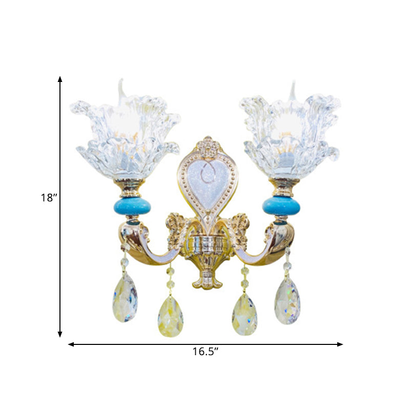 Traditional Layered Flower Wall Light Kit - Gold-Blue, Clear Crystal, 1/2-Head Wall Lighting