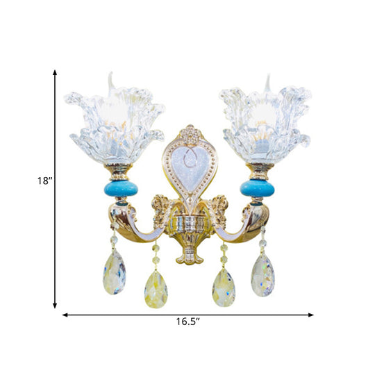 Traditional Layered Flower Wall Light Kit - Gold-Blue, Clear Crystal, 1/2-Head Wall Lighting