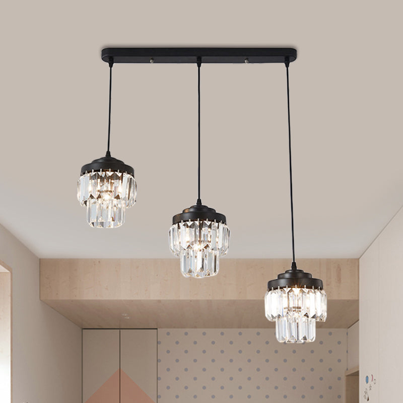 Modern Black Crystal Prism Pendant Lamp with 3 Heads and 2-Tier Cluster - Round/Linear Canopy