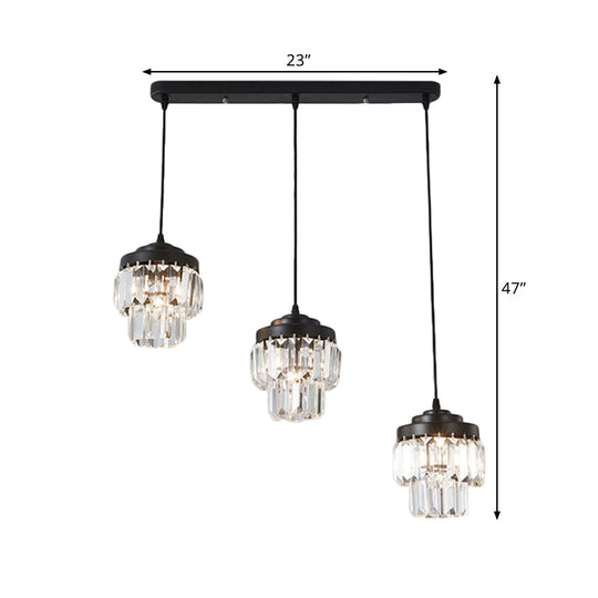 Modern Black Crystal Prism Pendant Lamp with 3 Heads and 2-Tier Cluster - Round/Linear Canopy