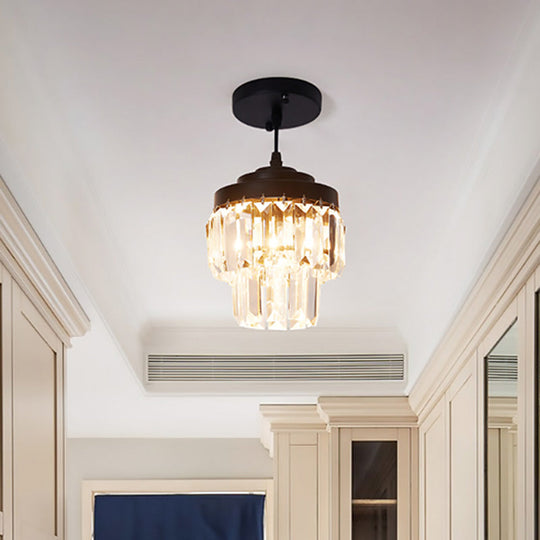 Modern 2-Tier Crystal Pendant Light with 1 Bulb, Corridor Ceiling Suspension Lamp in Black/Gold