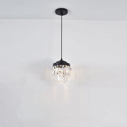 Modern 2-Tier Crystal Pendant Light with 1 Bulb, Corridor Ceiling Suspension Lamp in Black/Gold