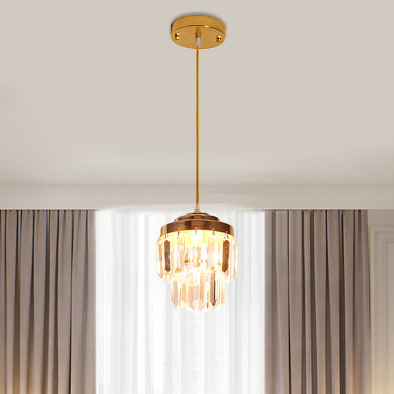 Modern 2-Tier Crystal Pendant Light with 1 Bulb, Corridor Ceiling Suspension Lamp in Black/Gold