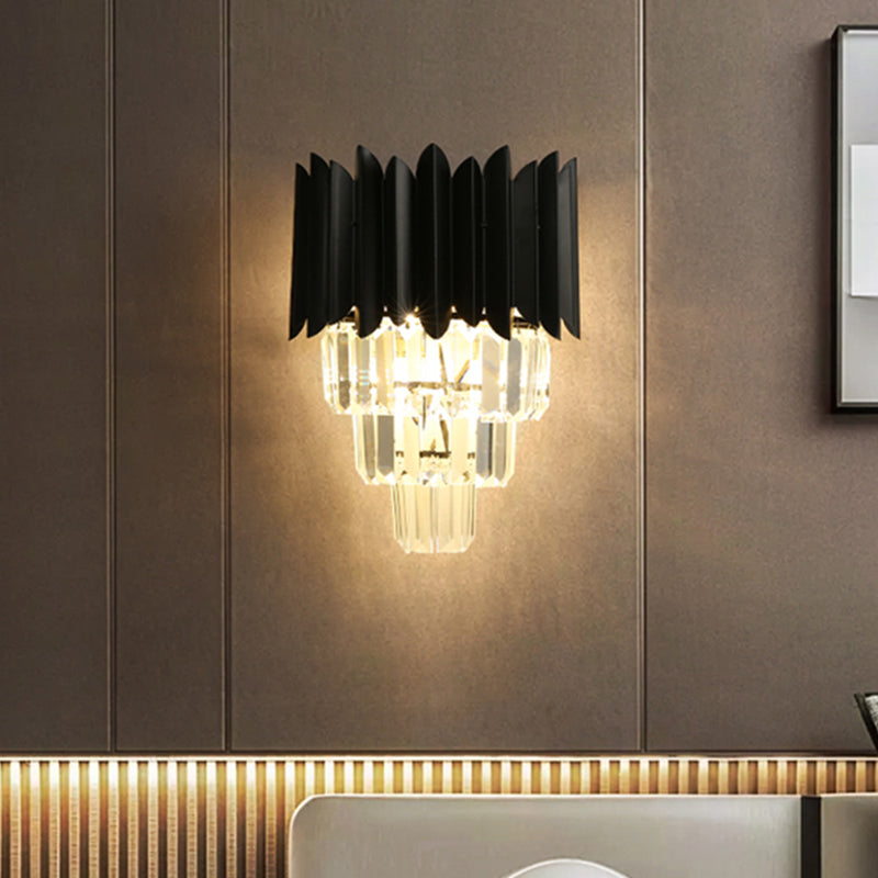 Modern Black Wall Sconce with Tapered Bulbs, Clear Crystal Prisms - Flush Mount