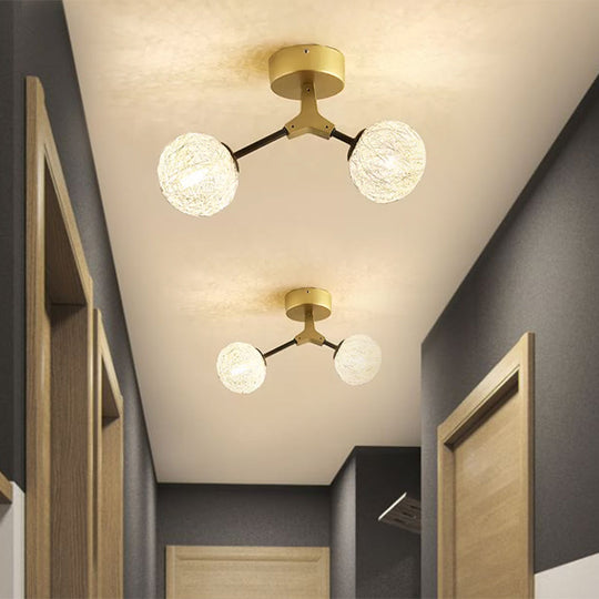 Gold Finish Handwoven Ball Semi Flush Light Fixture - Modern Ceiling Flush Mount