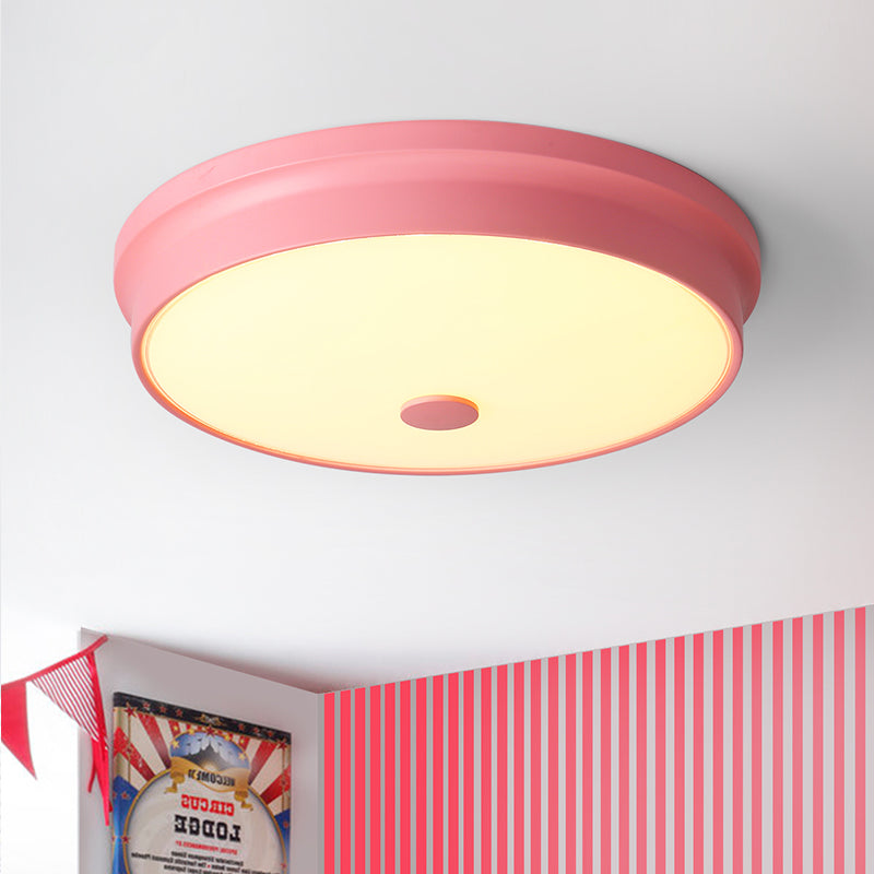 Macaron Drum Ceiling Flush Light in Metal with LED, Ideal for Kids Room, Available in Various Colors with Frosted Glass Diffuser