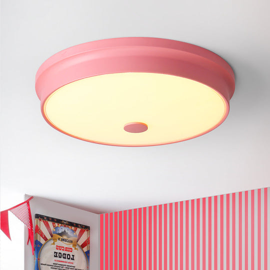 Macaron Drum Ceiling Flush Light in Metal with LED, Ideal for Kids Room, Available in Various Colors with Frosted Glass Diffuser