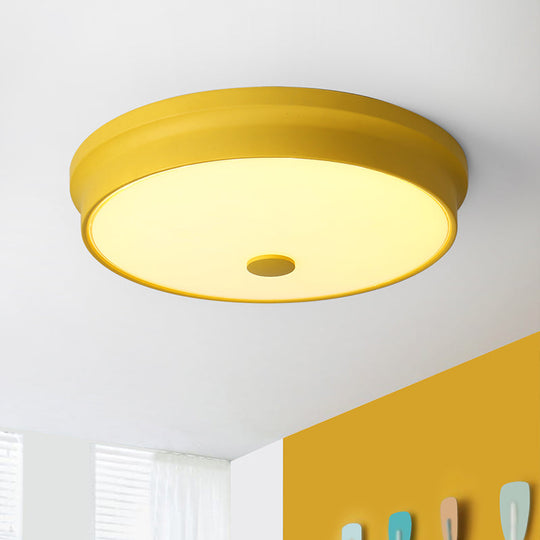 Macaron Drum Ceiling Flush Light in Metal with LED, Ideal for Kids Room, Available in Various Colors with Frosted Glass Diffuser