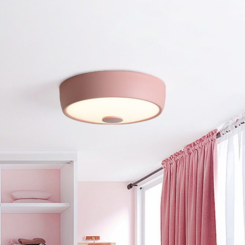 Macaron Drum Ceiling Flush Light in Metal with LED, Ideal for Kids Room, Available in Various Colors with Frosted Glass Diffuser