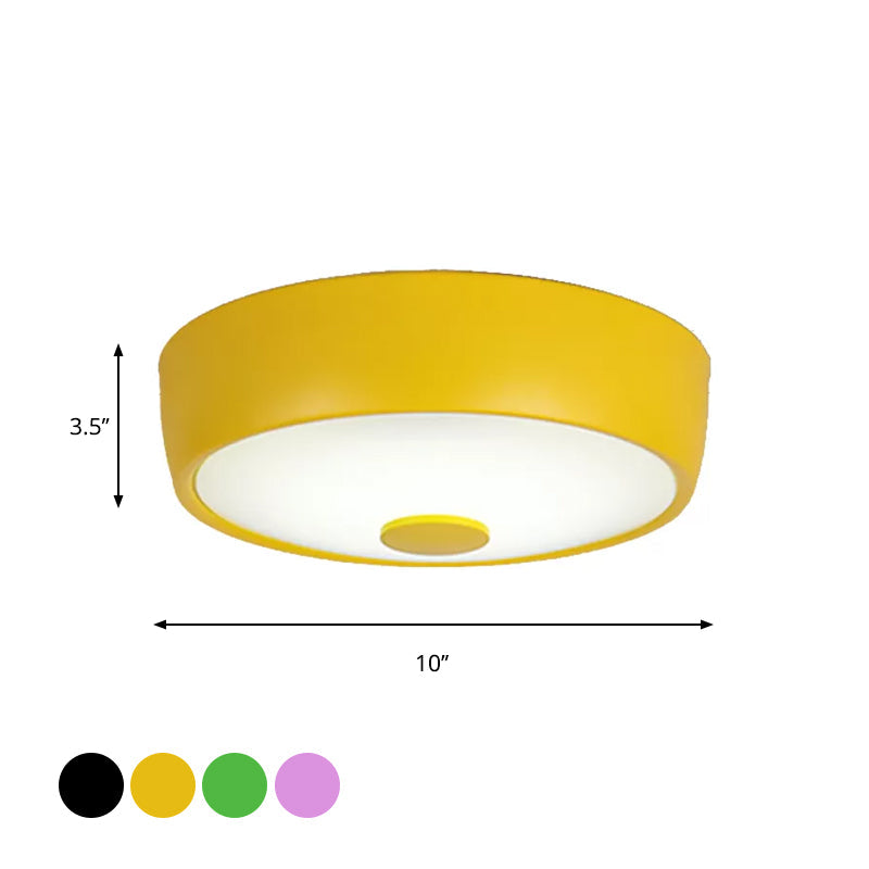 Macaron Drum Ceiling Flush Light in Metal with LED, Ideal for Kids Room, Available in Various Colors with Frosted Glass Diffuser
