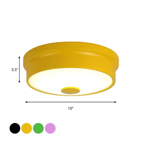 Macaron Drum Ceiling Flush Light in Metal with LED, Ideal for Kids Room, Available in Various Colors with Frosted Glass Diffuser