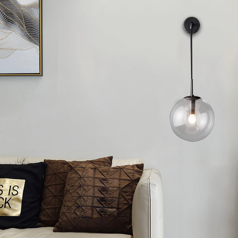 Modern Glass Wall Lamp Chrome/Brass/Black Finish, Single Bulb Vanity Sconce for Bedroom, 6"/8" Width