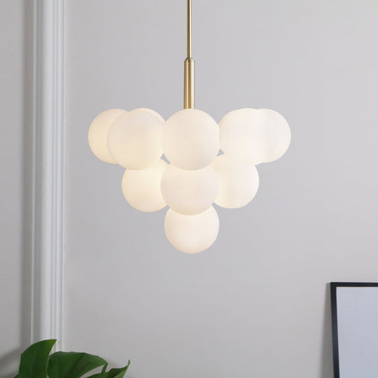 Contemporary White Glass Chandelier Lamp – 5/13 Lights Brass Pendant Light with Spherical Design