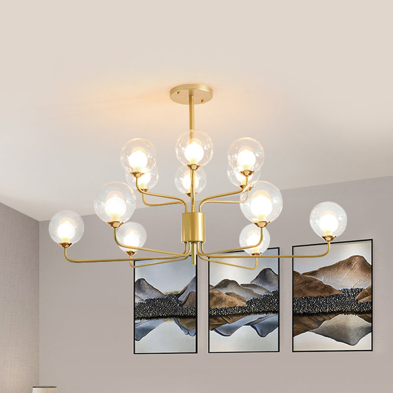 Contemporary 2-Tier Ball Clear Glass Chandelier with Radial Design - 8/12/18 Lights - Black/Gold Hanging Light Fixture