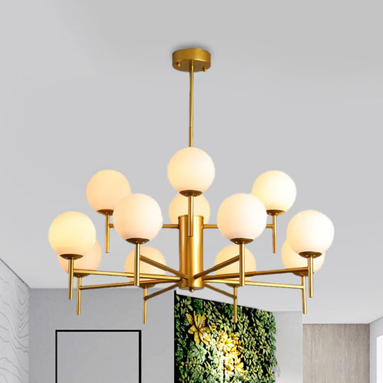 Contemporary Black/Gold Globe Chandelier with Radial Design - 6/8/9 Lights, Milk Glass Hanging Lamp