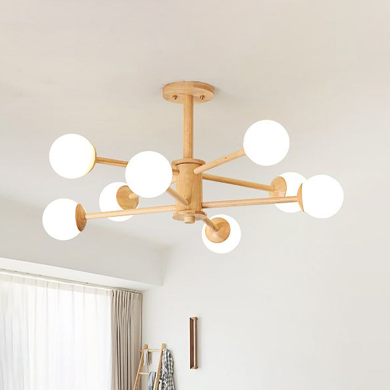 Contemporary Wooden Starburst Chandelier with Glass Ball Shade - Natural Wood Finish - 6/8/12 Lights