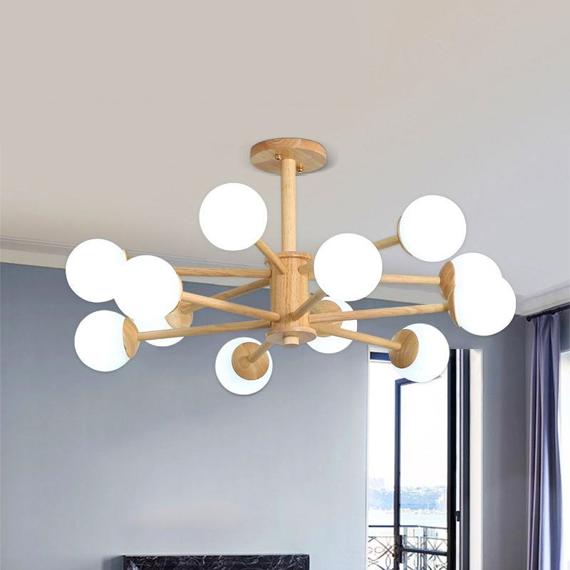 Contemporary Wooden Starburst Chandelier with Glass Ball Shade - Natural Wood Finish - 6/8/12 Lights
