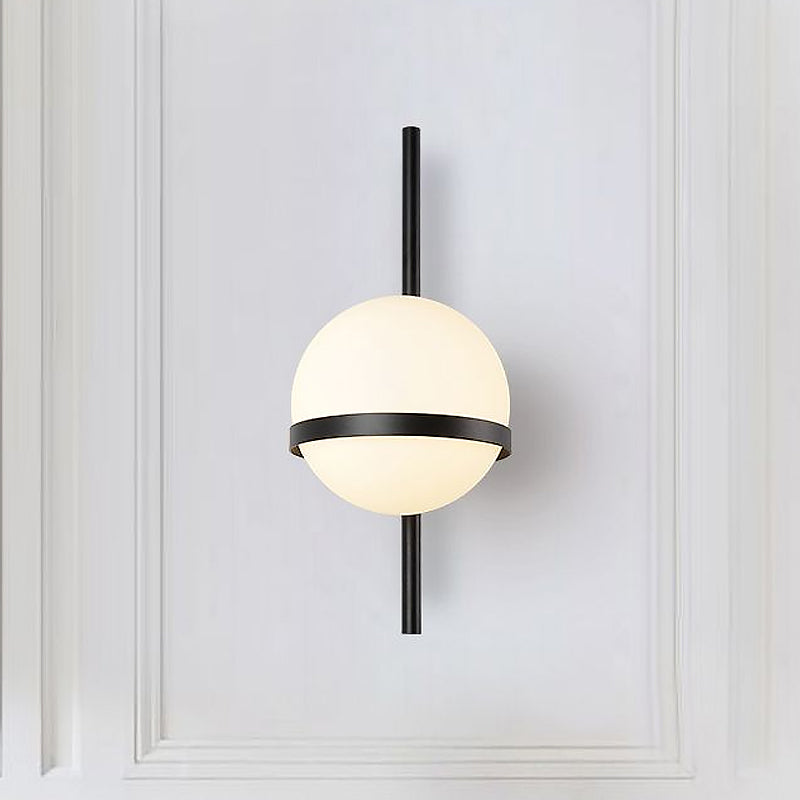 Modern Black/Gold Vertical Wall Sconce with Orbit Opal Glass Shade - 1 Head Metal Wall Lamp, 6"/8" Width