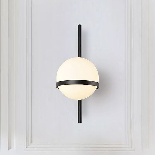 Modern Black/Gold Vertical Wall Sconce with Orbit Opal Glass Shade - 1 Head Metal Wall Lamp, 6"/8" Width