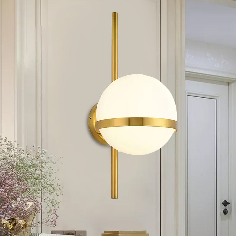 Modern Black/Gold Vertical Wall Sconce with Orbit Opal Glass Shade - 1 Head Metal Wall Lamp, 6"/8" Width