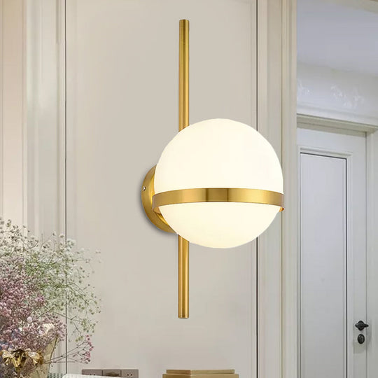 Modern Black/Gold Vertical Wall Sconce with Orbit Opal Glass Shade - 1 Head Metal Wall Lamp, 6"/8" Width