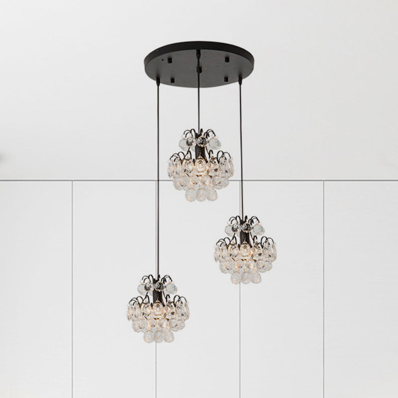 Modern Metal Pendant Light with Clear Crystal Balls and 3 Bulbs - Round/Linear Canopy, Black/Gold