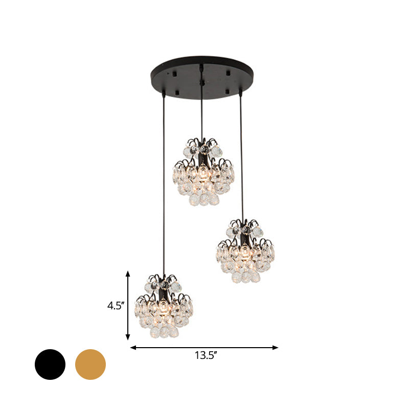 Modern Metal Pendant Light with Clear Crystal Balls and 3 Bulbs - Round/Linear Canopy, Black/Gold