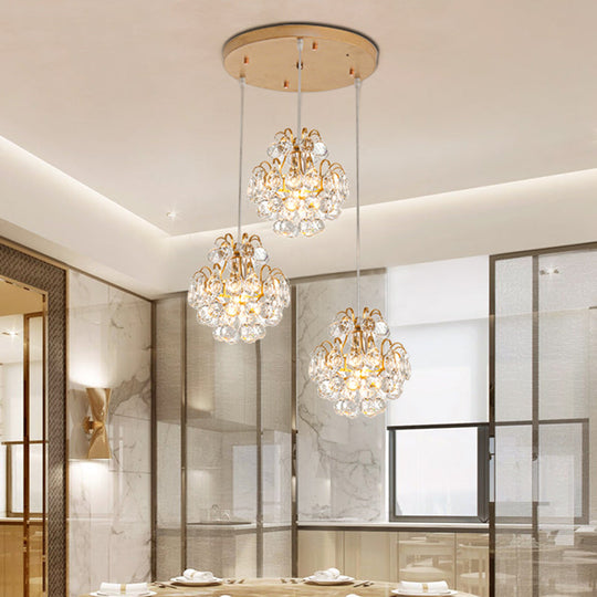 Modern Metal Pendant Light with Clear Crystal Balls and 3 Bulbs - Round/Linear Canopy, Black/Gold