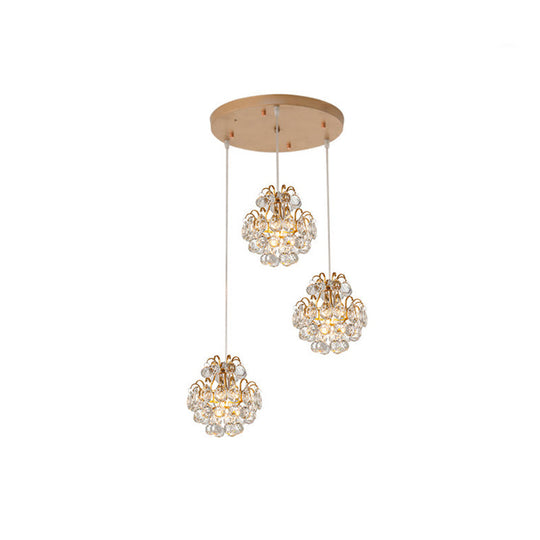 Modern Metal Pendant Light with Clear Crystal Balls and 3 Bulbs - Round/Linear Canopy, Black/Gold