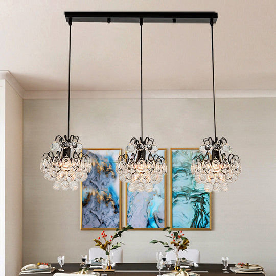 Modern Metal Pendant Light with Clear Crystal Balls and 3 Bulbs - Round/Linear Canopy, Black/Gold