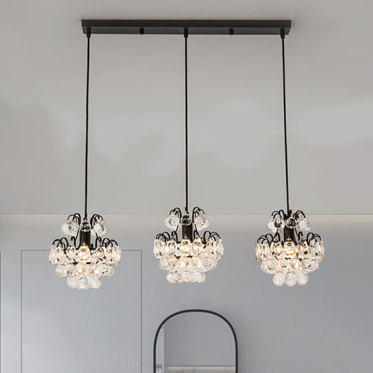 Modern Metal Pendant Light with Clear Crystal Balls and 3 Bulbs - Round/Linear Canopy, Black/Gold
