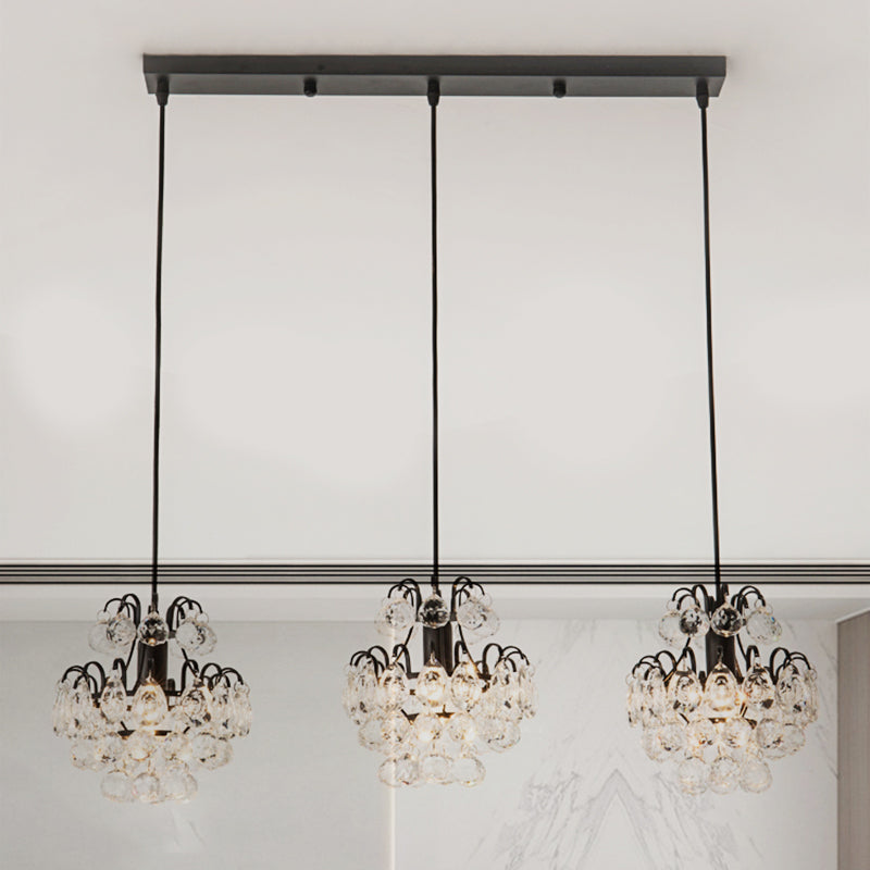 Modern Metal Pendant Light with Clear Crystal Balls and 3 Bulbs - Round/Linear Canopy, Black/Gold