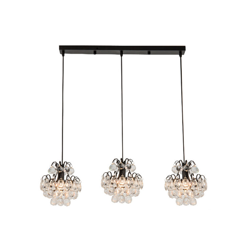 Modern Metal Pendant Light with Clear Crystal Balls and 3 Bulbs - Round/Linear Canopy, Black/Gold
