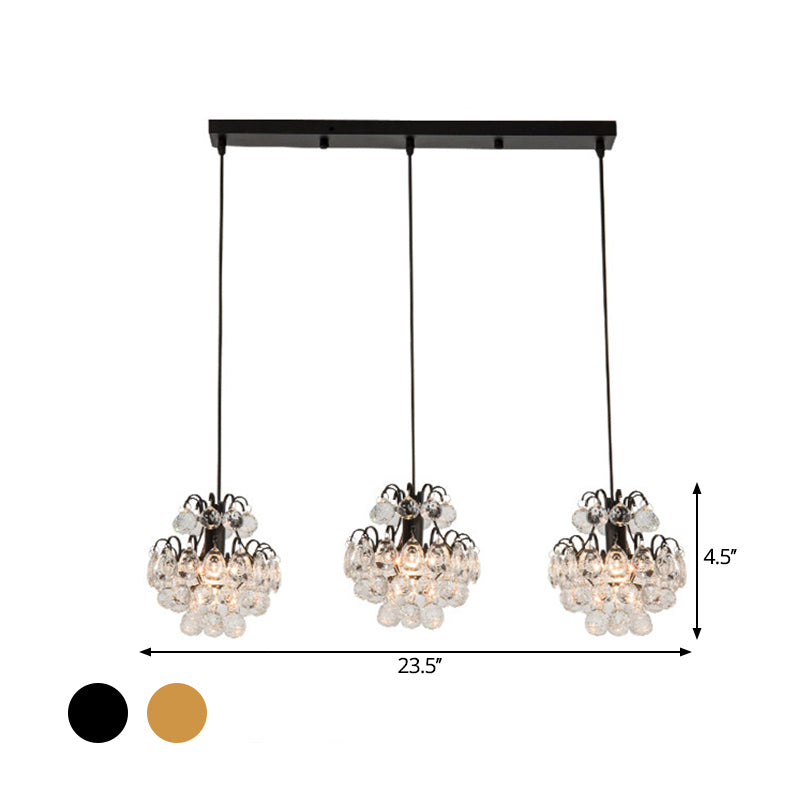 Modern Metal Pendant Light with Clear Crystal Balls and 3 Bulbs - Round/Linear Canopy, Black/Gold