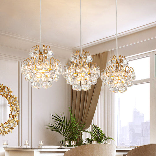 Modern Metal Pendant Light with Clear Crystal Balls and 3 Bulbs - Round/Linear Canopy, Black/Gold