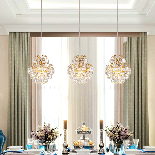 Modern Metal Pendant Light with Clear Crystal Balls and 3 Bulbs - Round/Linear Canopy, Black/Gold