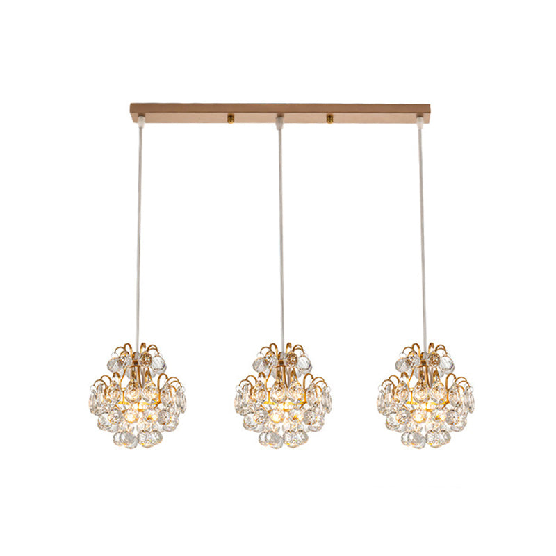 Modern Metal Pendant Light with Clear Crystal Balls and 3 Bulbs - Round/Linear Canopy, Black/Gold