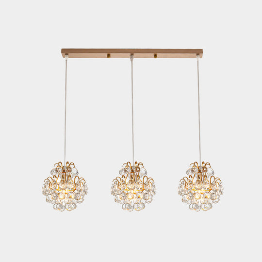 Modern Metal Pendant Light with Clear Crystal Balls and 3 Bulbs - Round/Linear Canopy, Black/Gold