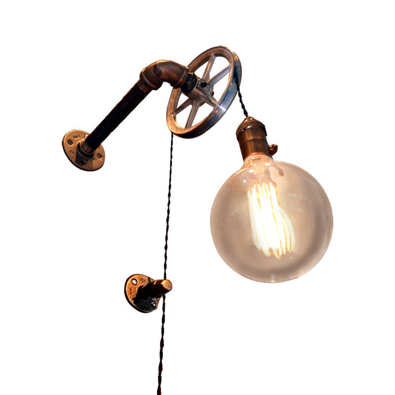 Rustic Vintage Style Pulley Wall Light with Bare Bulb - 1 Light Iron Sconce for Farmhouse Décor