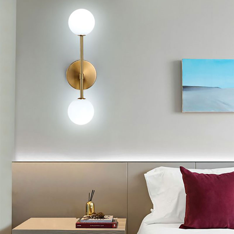 Contemporary Black/Gold Ball Sconce Light - Opal Glass, LED, Flush Mount, 2 Lights