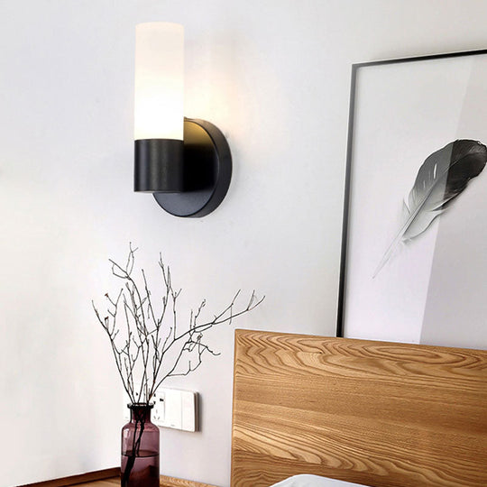 Modern Cylinder White Glass Sconce Lamp with 1 Black LED Light - Wall Mounted Fixture