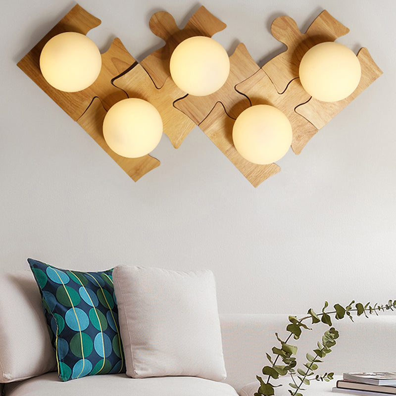 Japanese Style Wooden Puzzle Base Wall Light - 1 Light Beige Sconce Lamp for Corridor & Kitchen