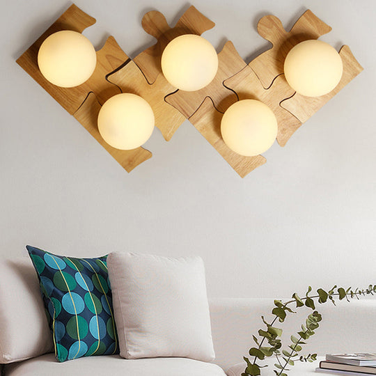 Japanese Style Wooden Puzzle Base Wall Light - 1 Light Beige Sconce Lamp for Corridor & Kitchen