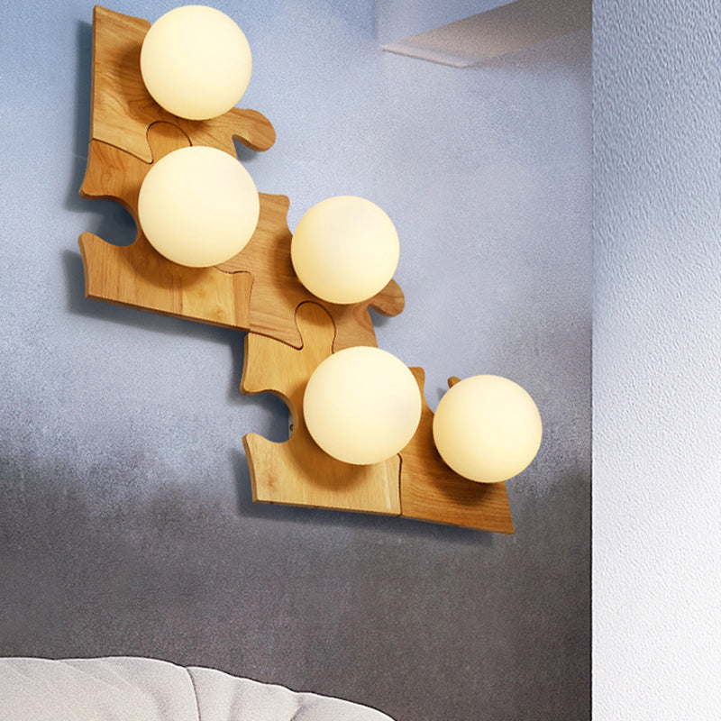 Japanese Style Wooden Puzzle Base Wall Light - 1 Light Beige Sconce Lamp for Corridor & Kitchen