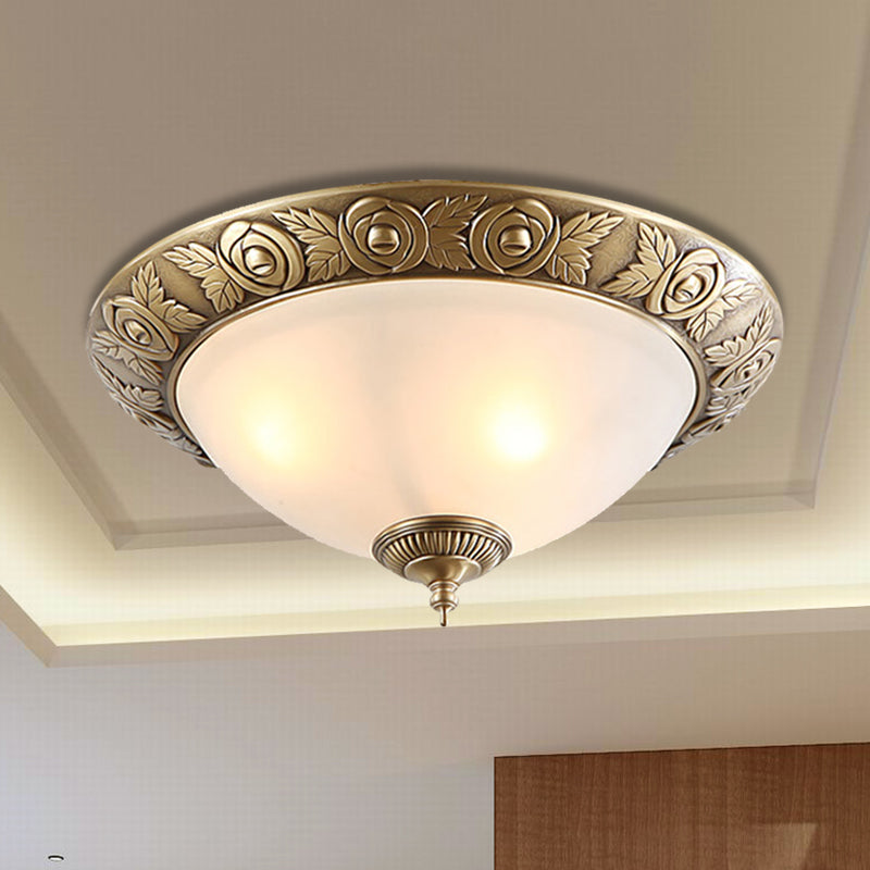 Antiqued Milky Glass Bedroom Ceiling Light with Brass Flush Mount - 2/3-Head - Available in 12", 16", and 19" Widths